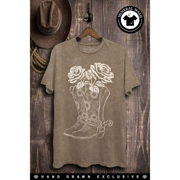 Lotus Fashion Tops - Boots and Roses Graphic Tee Boho Western Country Southern Mocha Mineral Wash New